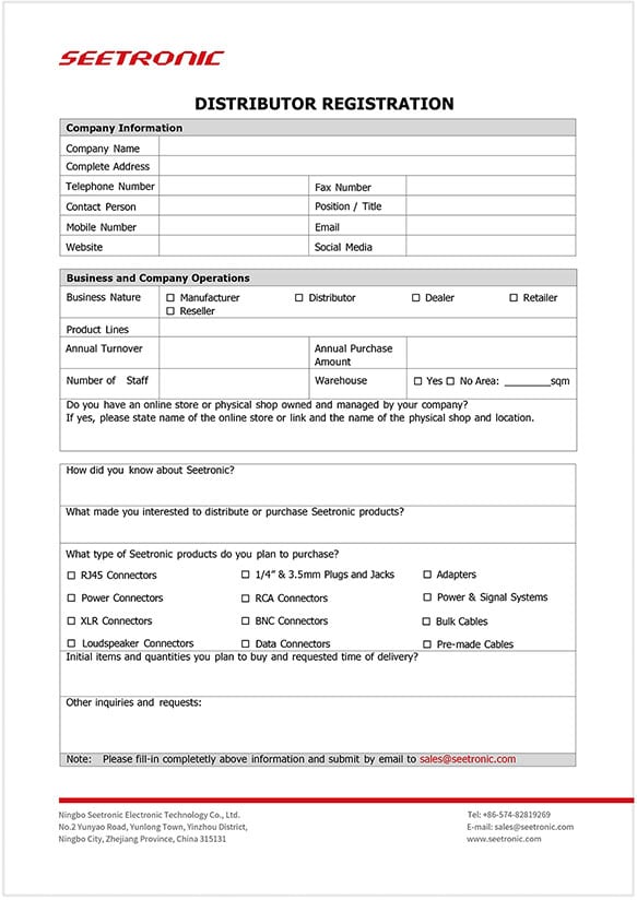 Distributor registration form for Seetronic electronic products at Cosmiconn.