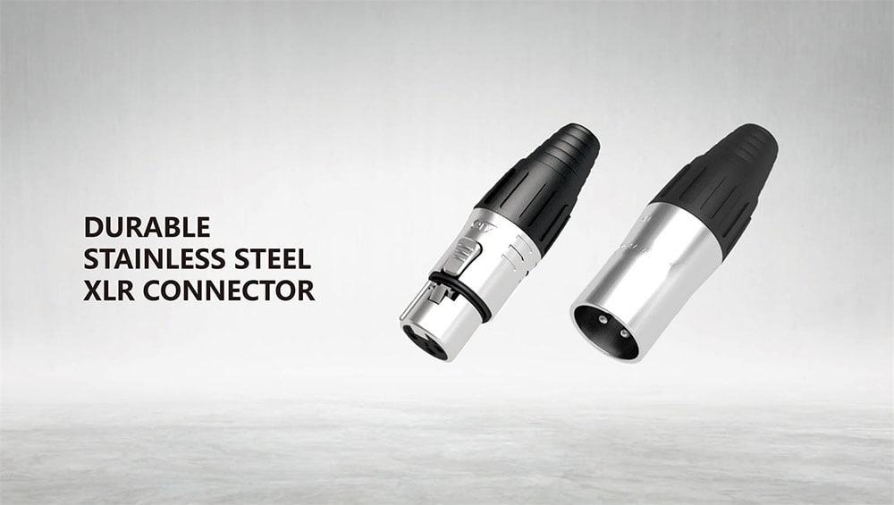 - Durable stainless steel XLR connector for professional audio equipment.