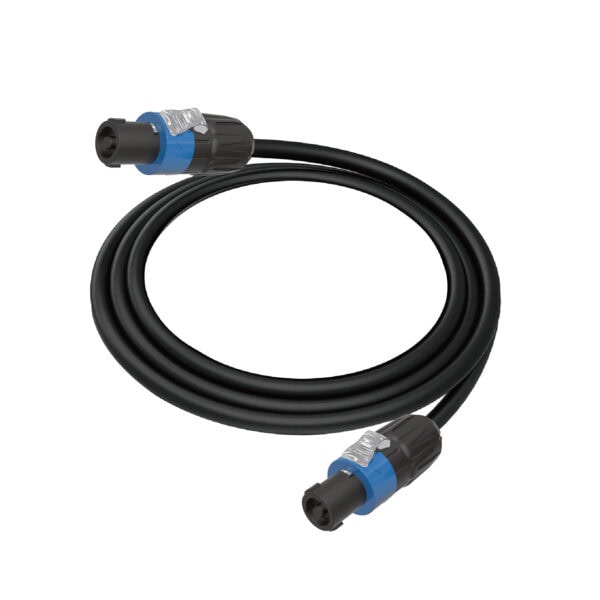 Flexible black power cable with blue and black connectors for electronic equipment.