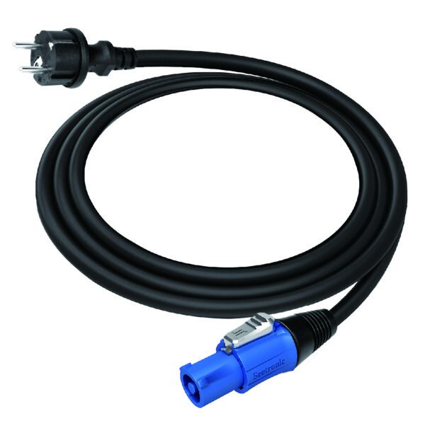Power cable with blue connector for audio or electronic devices.