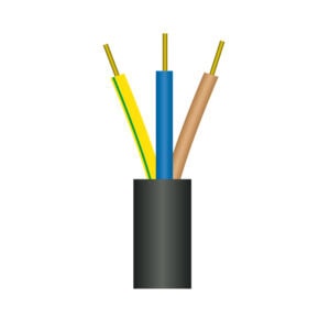Colorful electrical wires with insulation in black, yellow, blue, and brown, inside a black cable sleeve.