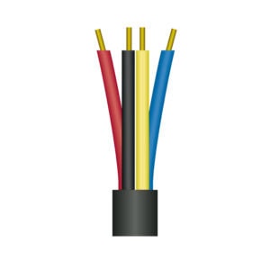 Red, black, yellow, blue electrical wires in a black cable conduit.