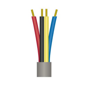 Red, black, yellow, and blue electrical wires coming out of a gray cable connector.