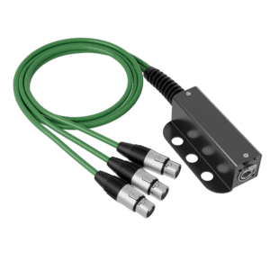 Audio cables with multiple connectors for professional sound setup.