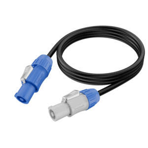 Power cord with blue and white connectors for electronic devices and appliances.