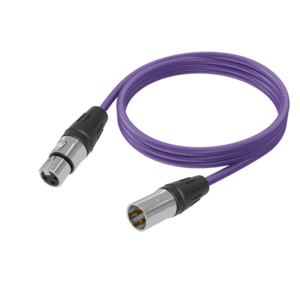 Power cable with purple insulation and XLR connectors for audio equipment.